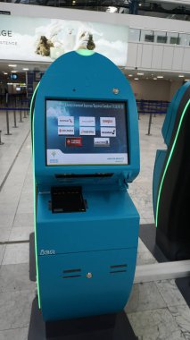 Nice, France - September 27, 2025: Self-service kiosks in airport terminal provide efficient check-in options for travelers, showcasing modern technology and user-friendly design