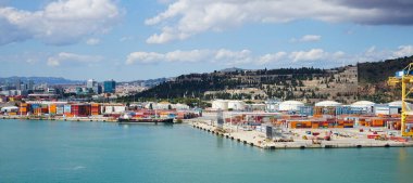 Barcelona, Spain - September 26, 2025: Aerial view of shipping containers in the sea port of Barcelona in Spain, Europe. Concept of sea and maritime trade