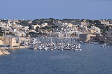 Drone view of Valletta city - little yachts and boats near Valletta in Malta