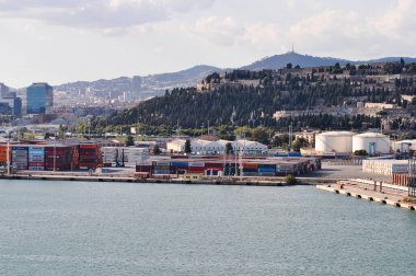 Barcelona, Spain - September 26, 2025: Aerial view of shipping containers in the sea port of Barcelona in Spain, Europe. Concept of sea and maritime trade