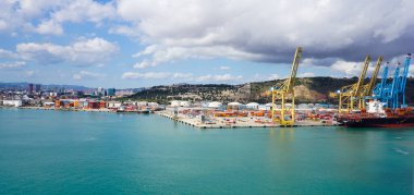 Barcelona, Spain - September 26, 2025: Aerial view of shipping containers in the sea port of Barcelona in Spain, Europe. Concept of sea and maritime trade