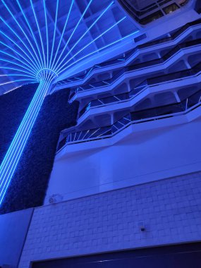 Valletta, Malta - September 24, 2025: Beautiful view of illuminated deck and promenade from MSC WORLD EUROPA cruise ship.