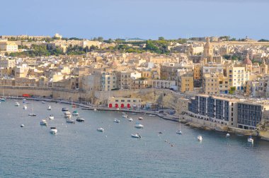 Drone view of Valletta city - little yachts and boats near Valletta in Malta