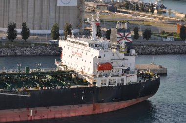 Barcelona, Spain - September 26, 2025: Cargo oil tanker HANSA TROMSOE at port at Barcelona, Spain on September 26, 2025.