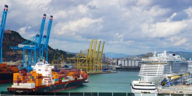 Barcelona, Spain - September 26, 2025: Cargo containers Hapag-Lloyd stored on the cargo ships. Hapag-Lloyd is a global leader in container shipping