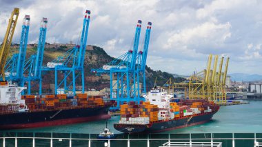 Barcelona, Spain - September 26, 2025: Cargo containers Hapag-Lloyd stored on the cargo ships. Hapag-Lloyd is a global leader in container shipping