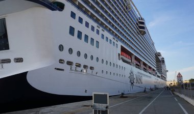 Messina, Italy - September 23, 2025: View of the MSC World Europa, a cruise ship of the MSC Cruises company docked at the port of Messina, Italy