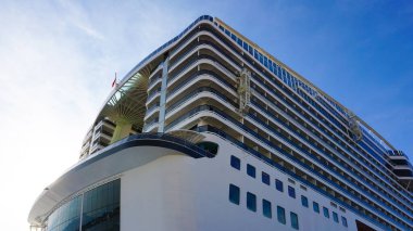 Messina, Italy - September 23, 2025: View of the MSC World Europa, a cruise ship of the MSC Cruises company docked at the port of Messina, Italy