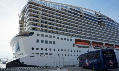 Messina, Italy - September 23, 2025: View of the MSC World Europa, a cruise ship of the MSC Cruises company docked at the port of Messina, Italy