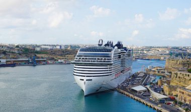 Valletta, Malta - September 24, 2025: View of the MSC World Europa, a cruise ship of the MSC Cruises company docked at the port of Valletta.