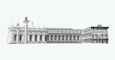 Çağdaş sanat eserleri. Retro tarzda yaratıcı tasarım. Venedik 'teki güzel binaların renkleri. 2 Boyutlu Canlandırma