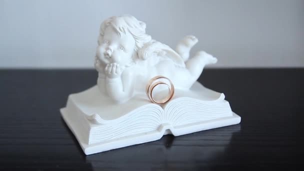 Dos anillos de oro de boda. estatuilla figura de ángel — Vídeos de Stock