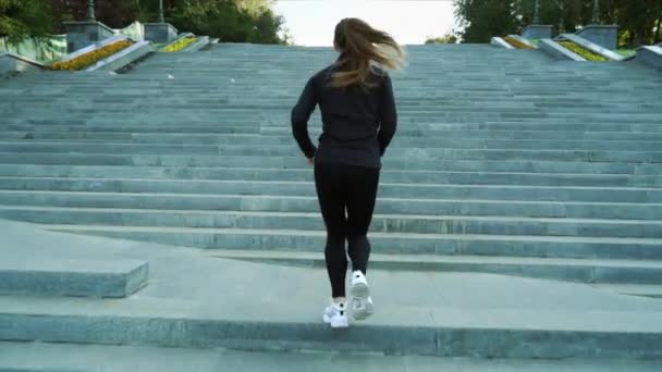 公園の階段を駆け上がる女 — ストック動画