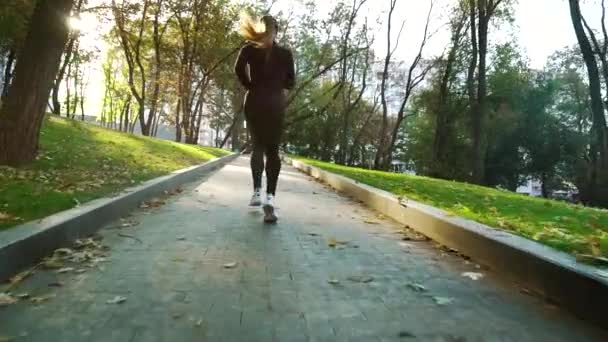 Fitte Frau joggt auf Parkallee — Stockvideo