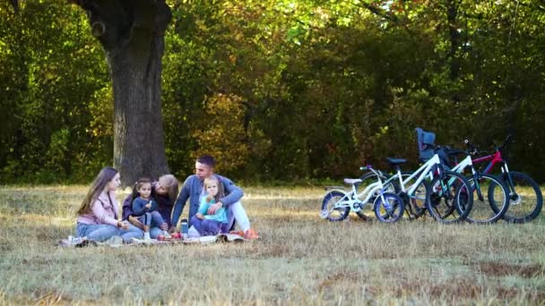 Familie van fietsers die snacks eten bij de picknick — Stockvideo