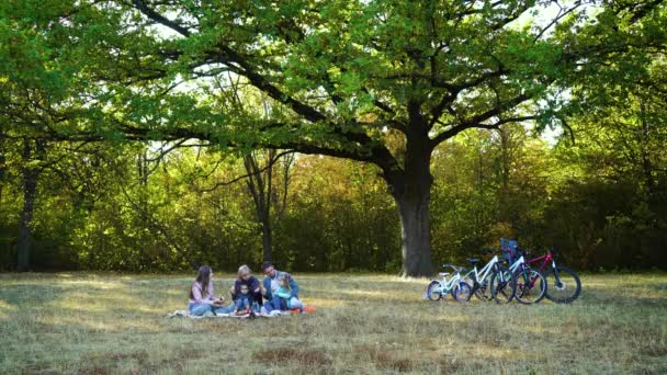 Familie van vijf picknick na fietstocht in de natuur — Stockvideo
