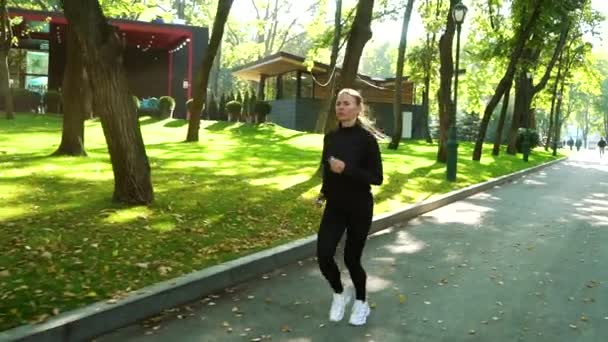 Frau läuft im Frühherbst in sonnigem Park — Stockvideo
