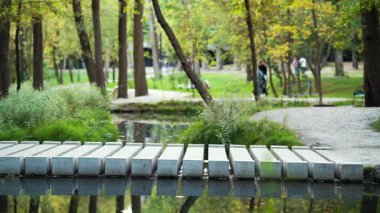 Sarışın kadın yeşil parkta köprüde koşuyor.