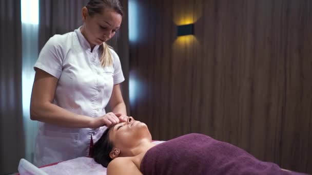 Esteticista haciendo masaje facial para cliente femenino en spa wellness — Vídeo de stock