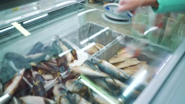 Female hand taking frozen fish filet from fridge in supermarket — Stock Video