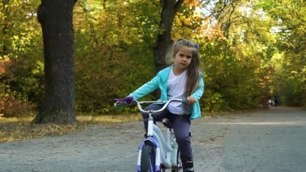 Klein meisje fietsen in het park op vier wielen fiets — Stockvideo