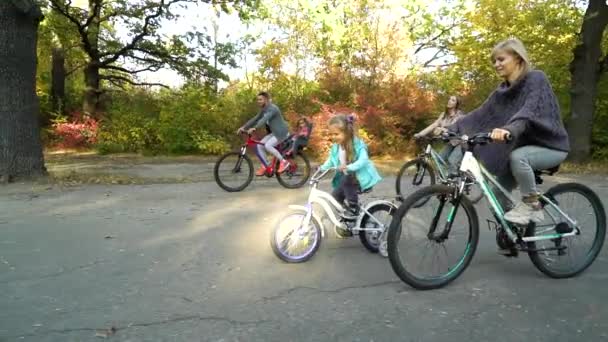 Alegre família de bicicleta juntos no parque — Vídeo de Stock