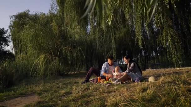 Picnic familiar en la naturaleza bajo sauces — Vídeo de stock