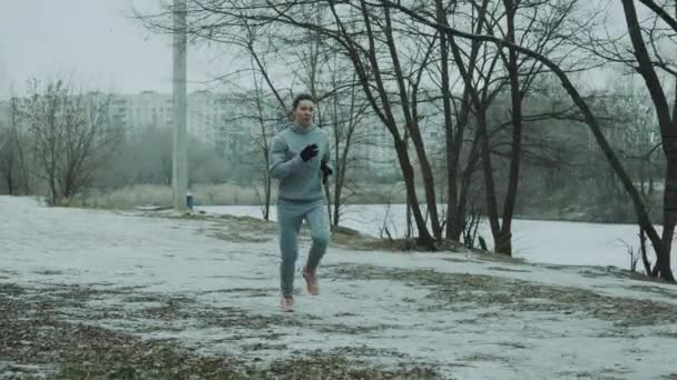 Adatta donna che fa jogging nel parco invernale — Video Stock