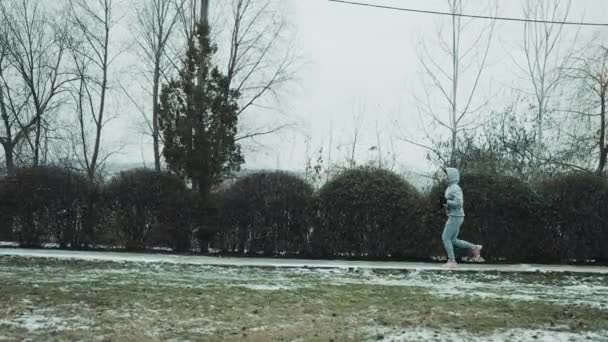 Αργή κίνηση γυναίκα τζόκινγκ στο πάρκο το χειμώνα — Αρχείο Βίντεο