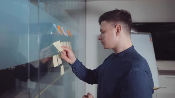 Project manager arranging tasks on Kanban board in office — Stock Video