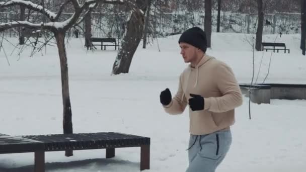 Jogga på snö i vinterparken — Stockvideo