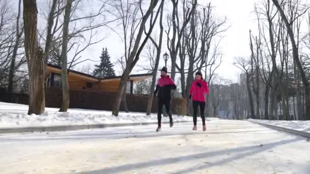 Athletic duo jogging in winter park — Stock Video