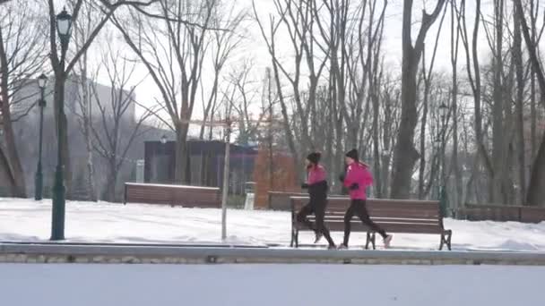 Pareja de corredores entrenando en el parque en invierno — Vídeos de Stock