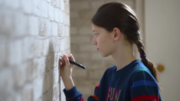 Girl writing math examples on wallpaper — Stock Video