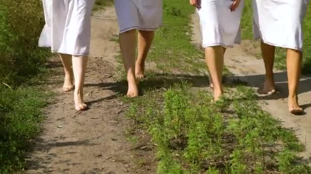 Etnik kıyafetlerle yürüyen kadınların ayakları — Stok video
