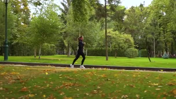Mujer en forma corriendo en el parque por la mañana — Vídeos de Stock