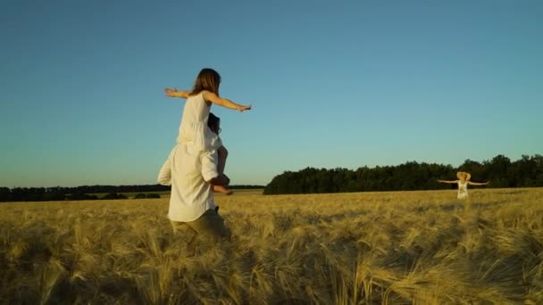 Menina sentada nos ombros do pai andando em campo — Vídeo de Stock