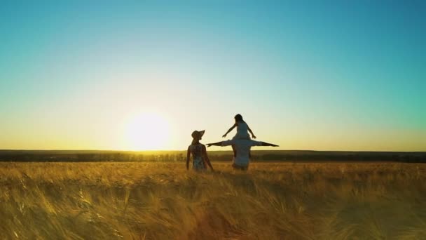夕暮れ時に畑を歩く少女の家族 — ストック動画