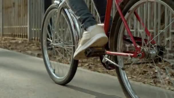 Voeten van tiener fietsen in het park — Stockvideo