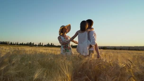 Vater hält Tochter in den Armen und Mutter umarmt sie auf dem Feld — Stockvideo