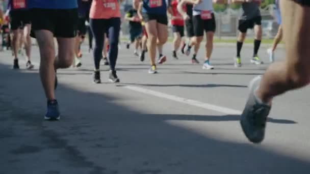 Långsamma rörelser ben av människor som springer maraton — Stockvideo