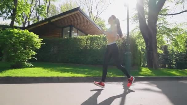 Adatto donna che fa jogging nel parco soleggiato — Video Stock