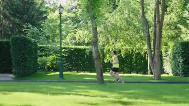 Mężczyzna jogging przeciwko labirynt ogród w zwolnionym tempie — Wideo stockowe