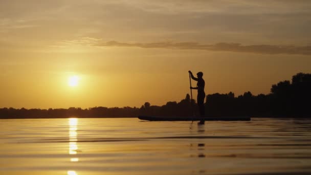 Žena pádlování na SUP palubě ve zpomaleném filmu — Stock video