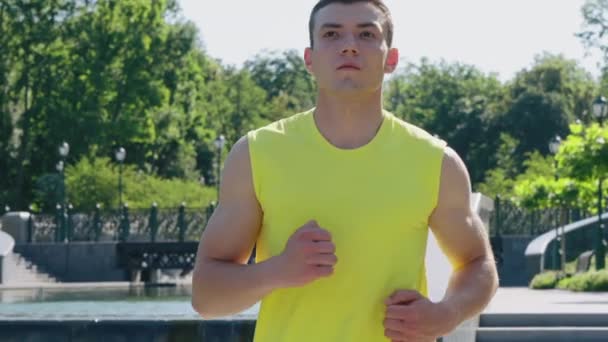 М'язистий чоловік біжить у сонячному парку — стокове відео