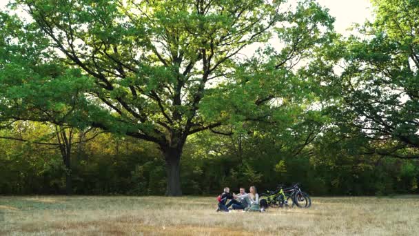 Familia feliz teniendo picnic en la naturaleza — Vídeos de Stock