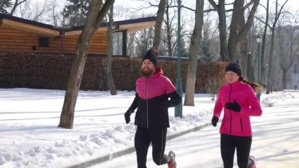 Muntre mennesker jogging i parken om vinteren – Stock-video