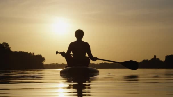 Female silhouette on SUP board at sunset — Stock Video