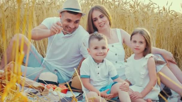Vater kitzelt Sohn bei Picknick auf Feld — Stockvideo