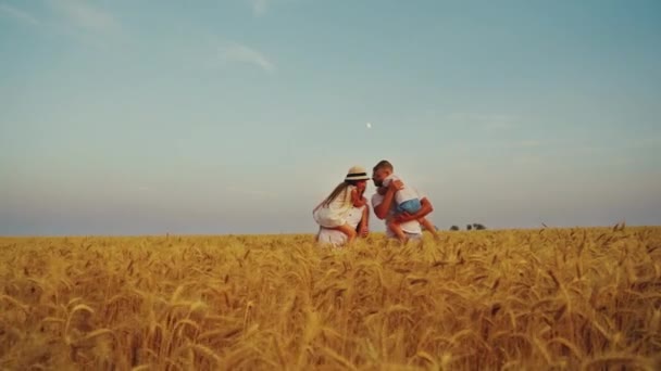 Famille aimante marchant dans les champs en été — Video